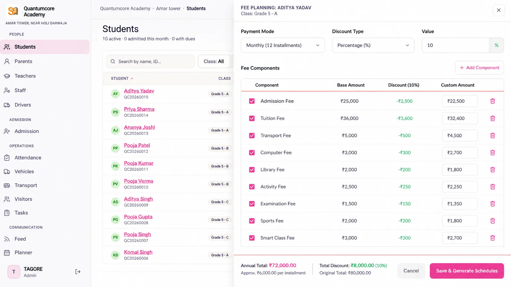 SchoolWay student fee customizer showing per-student discounts, payment mode and custom fee components